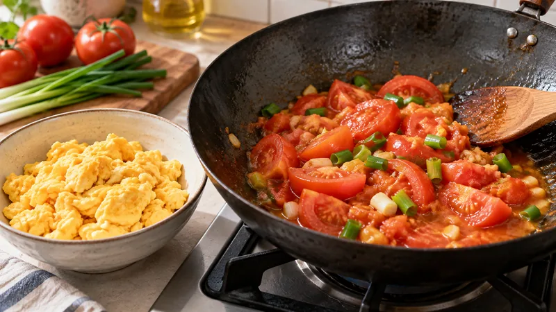 Sichuan Tomato Egg Recipe: Sauce Balance, Texture, and Timing 2 Tomato wedges cooking in a wok with scrambled eggs reserved separately