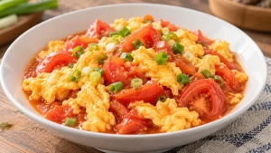 Sichuan Tomato Egg Recipe: Sauce Balance, Texture, and Timing 9 Tomato and egg stir-fry with soft curds, tomato sauce and scallion