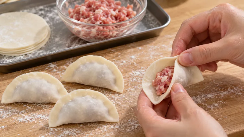 Sichuan Dumplings Recipe: Filling, Sauce, and Cooking Timing 1 Hands sealing a small half-moon dumpling with plain minced pork filling beside finished uncooked parcels