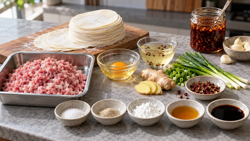 Sichuan Dumplings Recipe: Filling, Sauce, and Cooking Timing 2 Raw minced pork isolated on a metal tray beside dumpling wrappers, egg, ginger, scallion, peppercorns and sauce ingredients