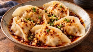 Small boiled pork half-moon dumplings with red chili oil, dark sweetened soy, minced garlic and scallion garnish