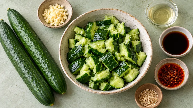 Spicy Cucumber Salad: Authentic Method, Sauce, and Texture 1 Whole and cracked cucumbers beside separate garlic, vinegar, soy, chili oil and sesame bowls