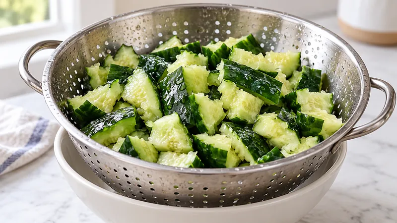 Spicy Cucumber Salad: Authentic Method, Sauce, and Texture 2 Cracked cucumber chunks draining in a steel colander