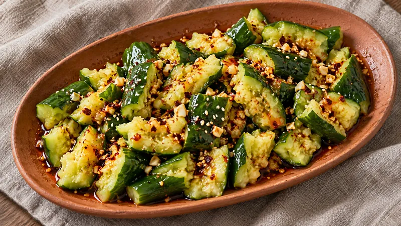 Spicy Cucumber Salad: Authentic Method, Sauce, and Texture 3 Cracked cucumber with garlic, chili dressing and sesame on a terracotta platter