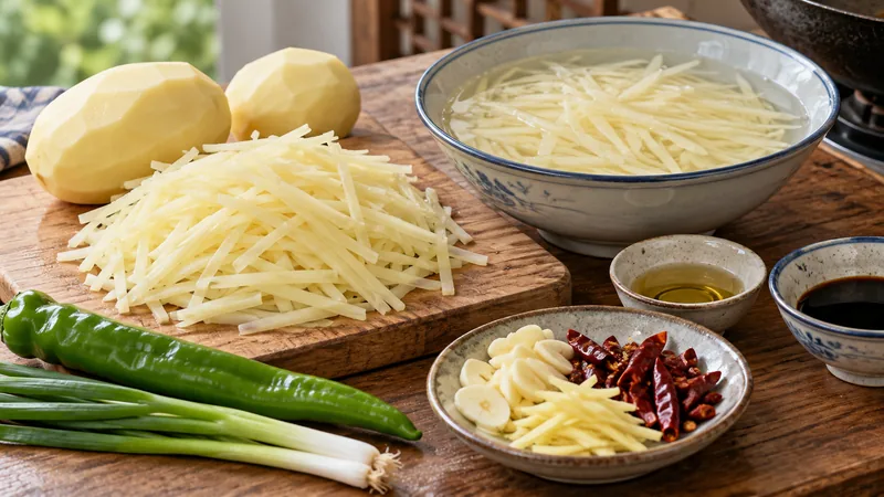 Sichuan Shredded Potatoes Recipe: Cutting, Acidity, and Wok Timing 1 Potato matchsticks rinsing in water with pepper and chili ingredients nearby
