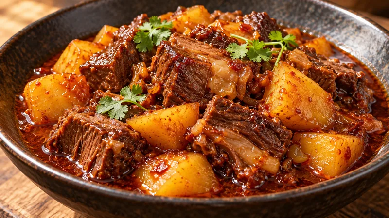 Sichuan Braised Beef Recipe: Aromatics, Heat, and Tenderness 1 Tender braised beef brisket chunks and golden potatoes with a few coriander leaves in red-brown sauce