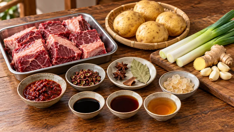 Sichuan Braised Beef Recipe: Aromatics, Heat, and Tenderness 2 Raw beef chunks isolated on a metal tray beside potatoes, Chinese onion stalks, ginger, garlic, doubanjiang and whole spices