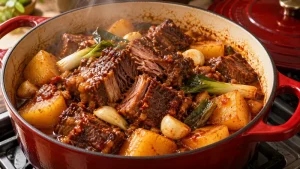 Sichuan Braised Beef Recipe: Aromatics, Heat, and Tenderness 34 Cooked beef brisket and potatoes combined with garlic and wilted Chinese onion sections in a red braising pot