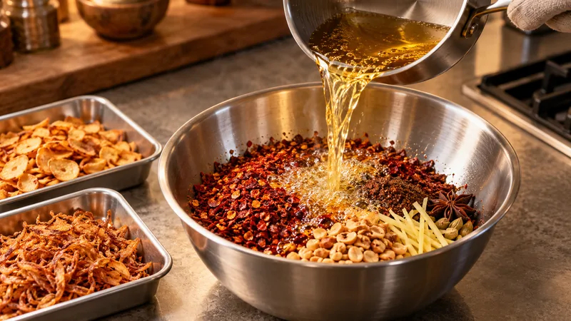 Sichuan Chili Crisp Recipe: Oil Temperature, Aromatics, and Storage 2 Hot oil pouring into chili flakes, ground Sichuan pepper, peanuts, ginger and spices while fried garlic and shallots remain in separate trays