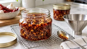 Sichuan Chili Crisp Recipe: Oil Temperature, Aromatics, and Storage 5 Red chili-crisp condiment with garlic chips, crunchy nut pieces and sesame in a glass jar