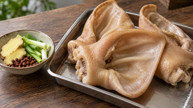 How to Make Red Oil Shredded Pork Ear: Texture, Dressing, and Food Safety 1 Cooked whole pig ears beside ginger, scallion and Sichuan pepper cooking aromatics