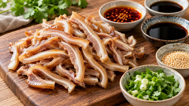 How to Make Red Oil Shredded Pork Ear: Texture, Dressing, and Food Safety 2 Cooked pig-ear strips showing pale cartilage beside red oil, soy, vinegar and optional sesame garnish