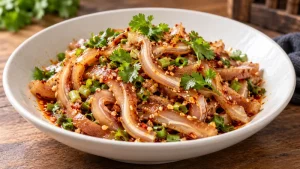 Red-oil pig-ear salad with narrow cooked cartilage-layered strips, scallion, coriander and sesame