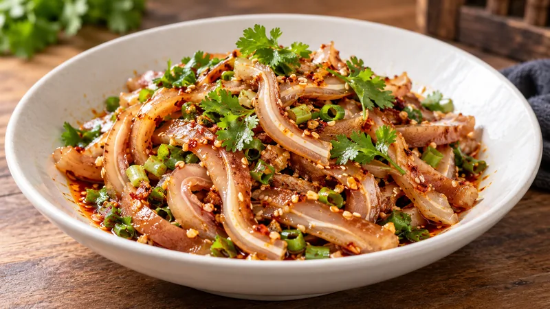 How to Make Red Oil Shredded Pork Ear: Texture, Dressing, and Food Safety 3 Red-oil pig-ear salad with narrow cooked cartilage-layered strips, scallion, coriander and sesame