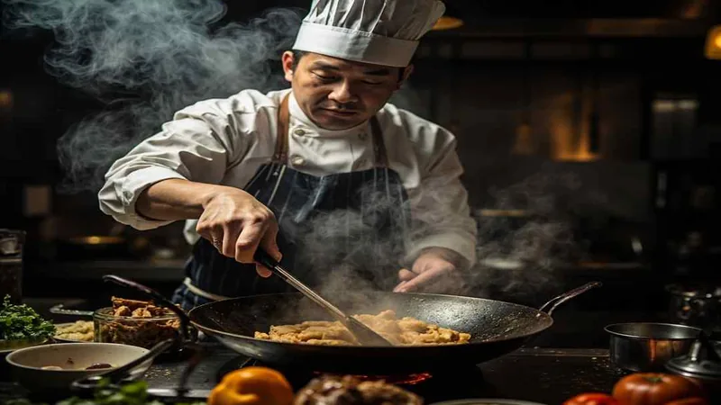 Illustration of a cook stirring tofu in a wok