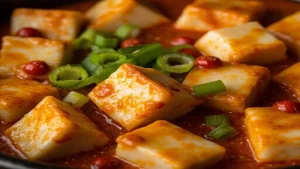 Illustration of tofu cubes in red chili sauce with scallions