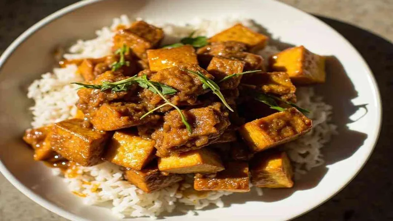 Why Your Simple Mapo Tofu Never Tastes Like the Restaurant — 1 Illustration of tofu in chili sauce served with rice