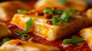 Illustration of tofu cubes in red sauce with sliced scallions