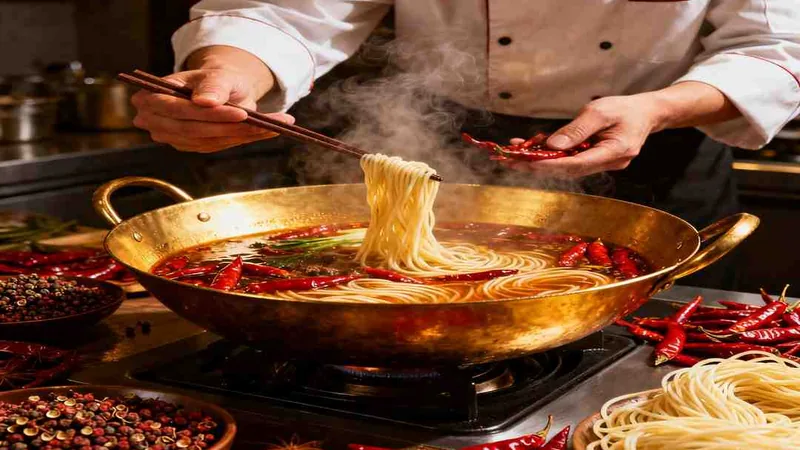 Stop Ruining Sichuan Noodle Soup Recipe — 10 Steps Chefs Act 1 Noodles lifted over a pan of broth