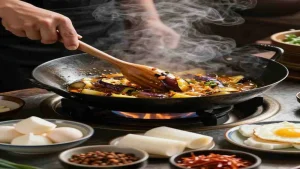 Eggplant cooking in a wok