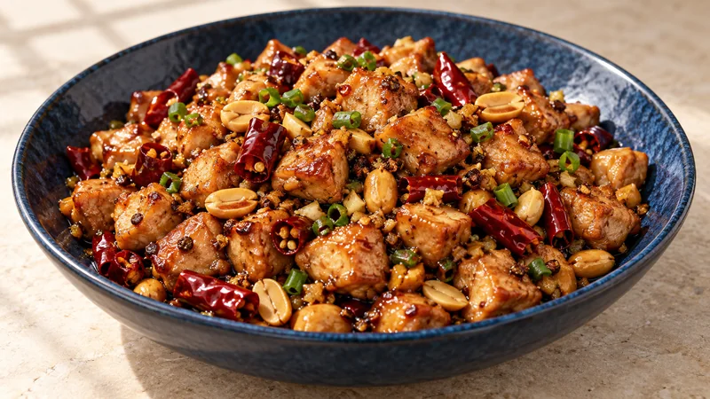 Kung Pao: Sichuan Chicken Recipe Guide 1 Boneless chicken cubes with roasted peanuts, dried chilies and scallions in a glossy sauce