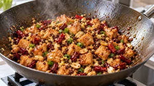 Kung Pao: Sichuan Chicken Recipe Guide 16 Boneless chicken cubes, peanuts and dried chilies at the final tossing stage in a wok