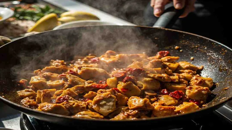 Chicken pieces stir-frying in a wok