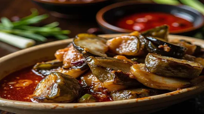Fish-Fragrant Eggplant: Sichuan Recipe and Home Cooking Tips 3 Eggplant with red sauce and scallions