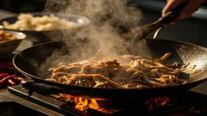 Green Pepper Shredded Pork: Sichuan Recipe and Tips 13 Shredded meat cooking in a wok