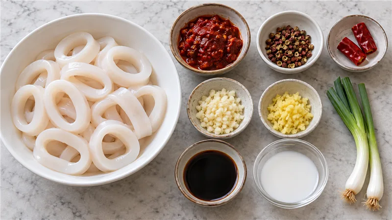 Spicy Stir-Fried Squid: Sichuan Recipe and Home Cooking Tips 1 Raw squid mantle rings beside doubanjiang, garlic, ginger and scallions