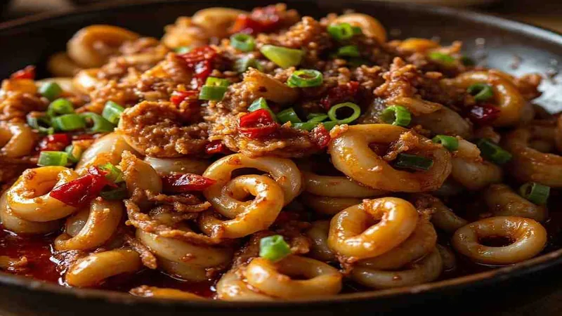 Spicy Stir-Fried Squid: Sichuan Recipe and Home Cooking Tips 2 Squid rings in red chili sauce with scallions