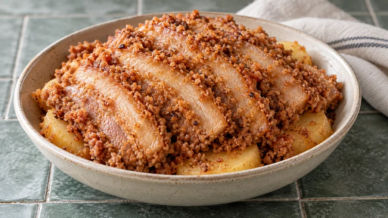 Steamed Pork With Rice Powder: Sichuan Recipe and Tips 1 Steamed pork belly slices coated in coarse rice powder over potato rounds