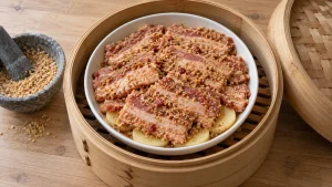 Steamed Pork With Rice Powder: Sichuan Recipe and Tips 132 Raw pork belly slices coated in coarse rice powder in a heatproof bowl inside a bamboo steamer