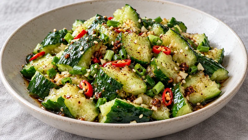 Cold Mixed Cucumber: Sichuan Recipe and Home Cooking Tips 1 Cold smashed cucumber chunks with sesame, garlic, scallion and thin red chili slices