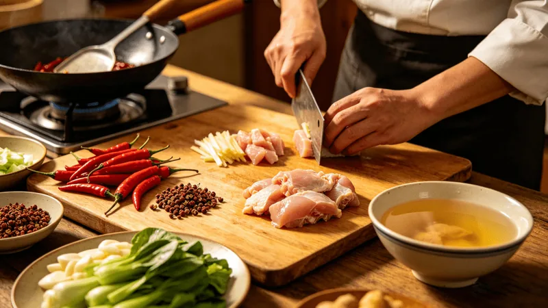 7 Essential Things to Know About Authentic Sichuan Cuisine 2 Illustration of chicken, chilies and aromatics being prepared
