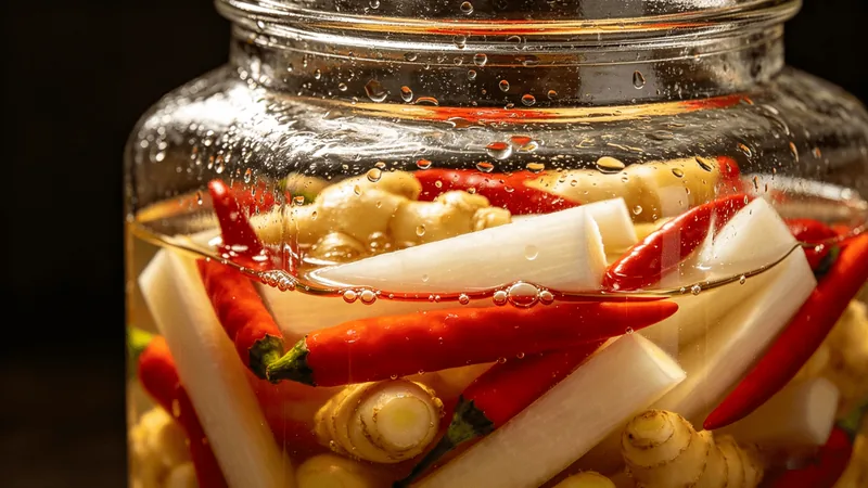 Sichuan Pickles: The Ultimate Guide to Homemade Sour & Crispy Pickles 1 Illustration of a glass jar containing pickled vegetables and chilies