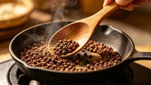 Illustration of peppercorns toasting in a pan