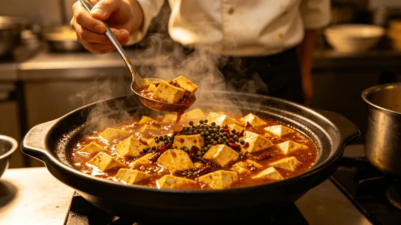 9 Essential Tips for the Best Mapo Tofu Recipe: Authentic Sichuan Style 3 Illustration of tofu simmering in a red sauce