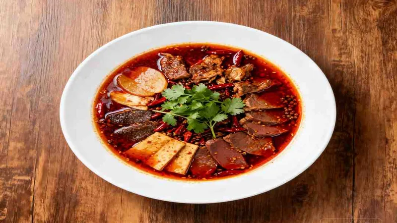 Red broth dish with tofu pieces and herbs