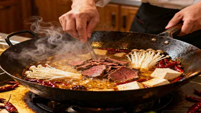 Hot pot containing cabbage, tofu and thin meat slices