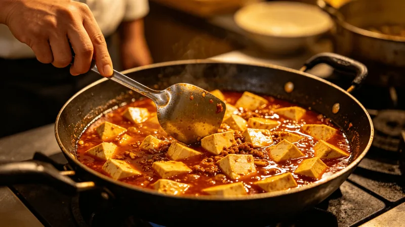 8 Secrets to Authentic Mapo Tofu: Spicy, Numbing, and Irresistibly Savory 2 Illustration of tofu simmering in red chili sauce in a wok