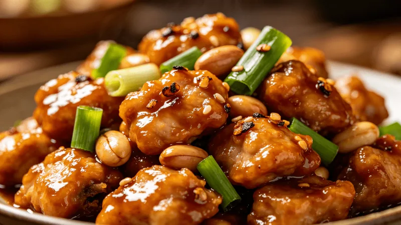 6 Pro Tips to Make Authentic Kung Pao Chicken at Home 1 Illustration of Kung Pao chicken with peanuts and scallions