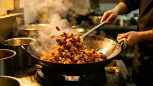 6 Pro Tips to Make Authentic Kung Pao Chicken at Home 79 Illustration of diced chicken and peanuts stir-frying in a wok