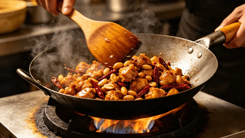 7 Sichuan Cooking Techniques: Wok Heat, Mala, and Texture Checks 1 Illustration of chicken and peanuts stir-frying in a wok