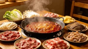 7 Secrets to Perfect Sichuan Hot Pot: A Complete Guide 76 Illustration of bubbling hot pot broth surrounded by sliced ingredients