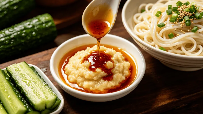 7 Expert Tips for Using Garlic in Authentic Sichuan Cooking 2 Illustration of a garlic and chili dipping sauce beside noodles