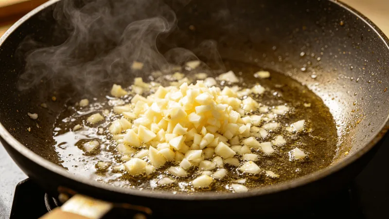7 Expert Tips for Using Garlic in Authentic Sichuan Cooking 3 Illustration of chopped garlic heating in a wok