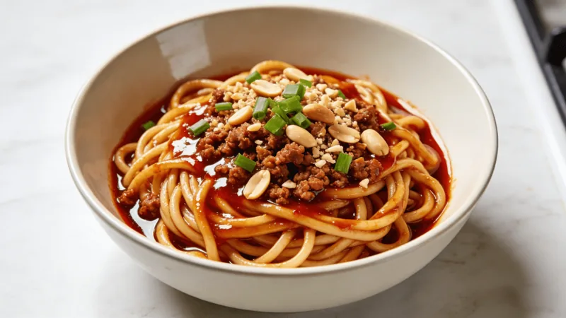 Authentic Dan Dan Noodles Recipe: Step-by-Step US-Friendly 1 Illustration of noodles topped with minced meat and chopped peanuts