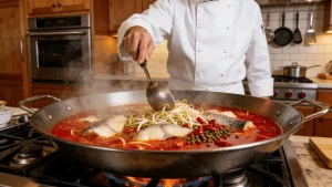 Illustration of a cook preparing ingredients in a wok