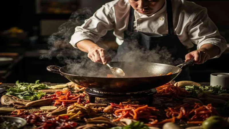 Sichuan Food Ingredients: Pantry Guide for Home Cooking 2 Cook tending a wok beside chilies and vegetables